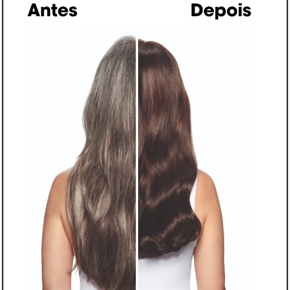 Cabelo liso e comprido, antes: grisalho e sem brilho; depois: castanho médio e com brilho intenso.