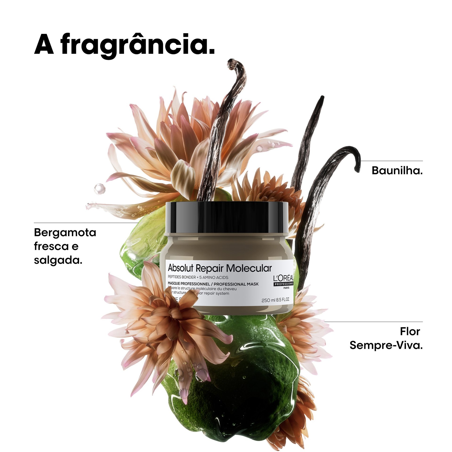 Máscara Absolut Repair Molecular com fragrância de flor-de-sempre-viva e bergamota