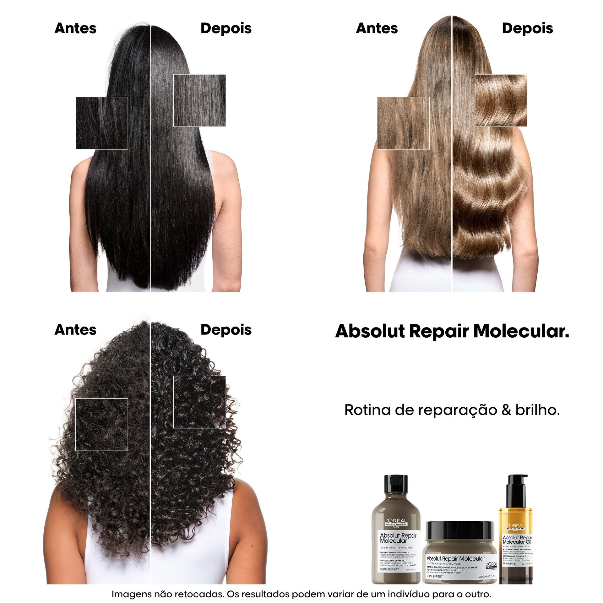 Antes e depois do óleo bifásico para cabelos danificados Absolut Repair Molecular