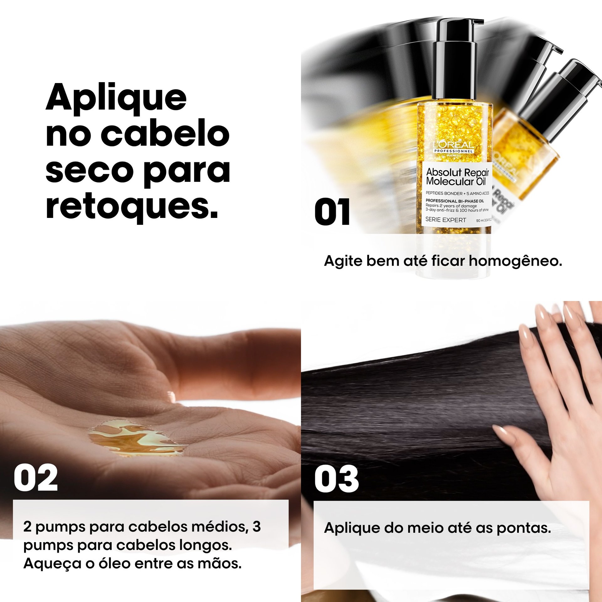 Como usar do óleo bifásico Absolut Repair Molecular em cabelos secos