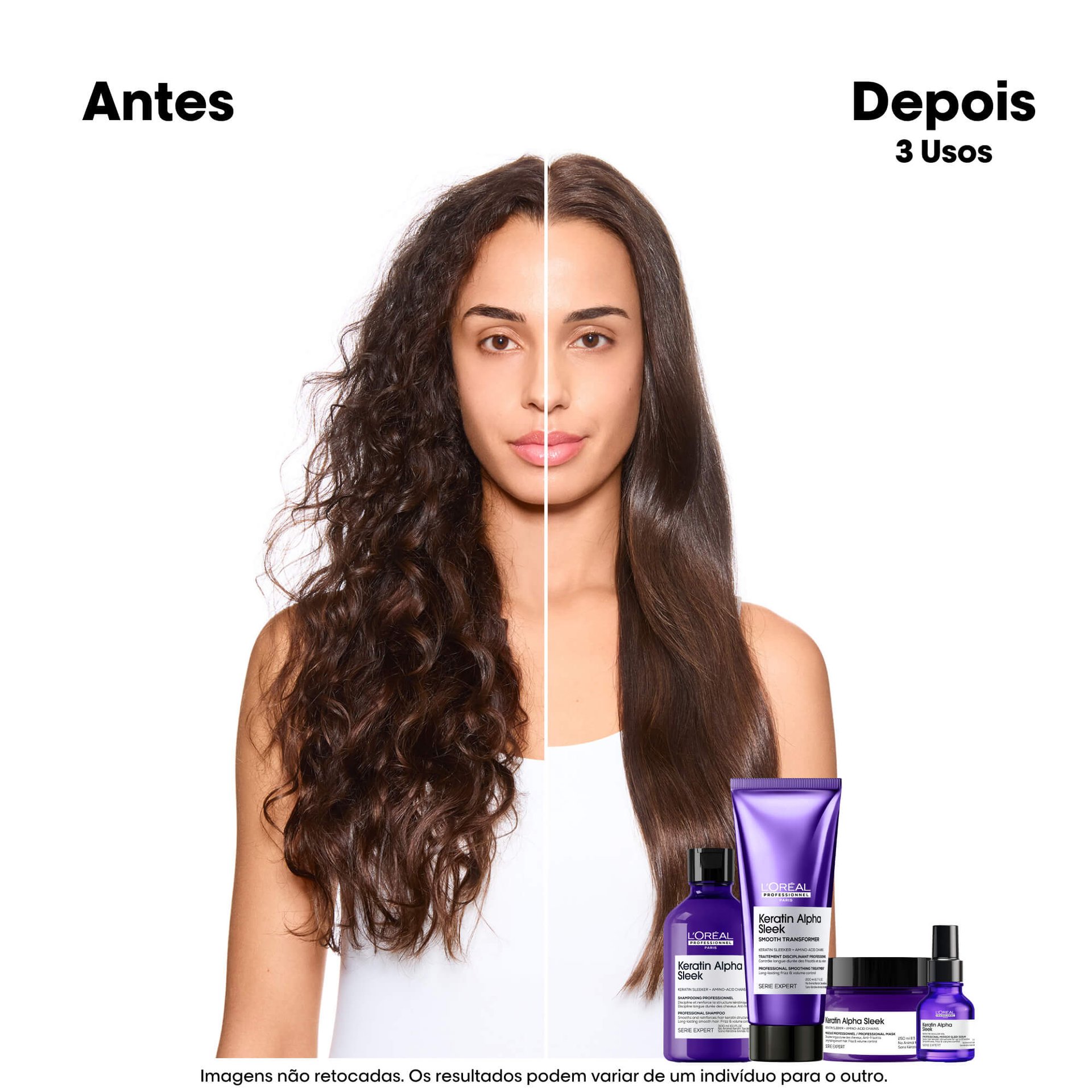 Antes e depois da máscara Keratin Alpha Sleek L’Oréal Professionnel 