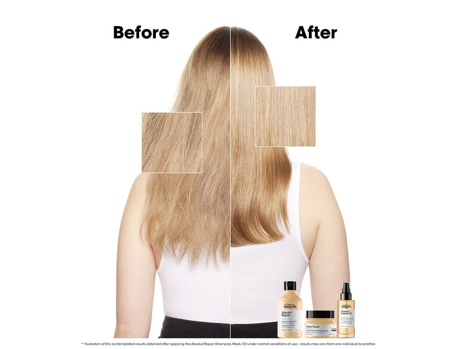 Before and after of a long blonde woman’s hair after using Absolut Repair Mask and repairing hair oil for visibly smoother, shinier results.