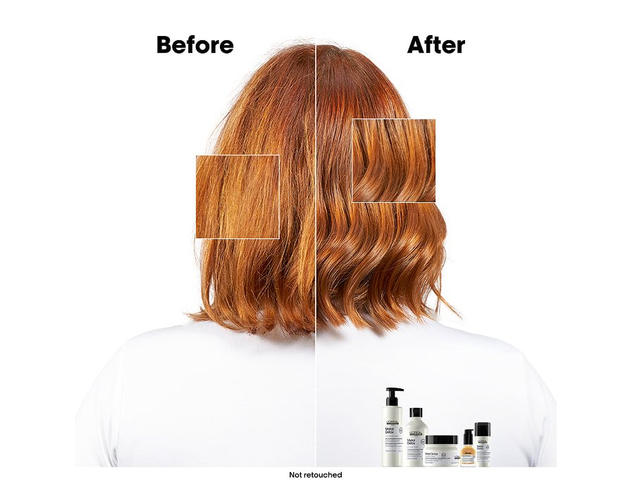 Before and after of a woman’s short dyed hair using Metal Detox mask and full hair care routine for smoother, shinier results.