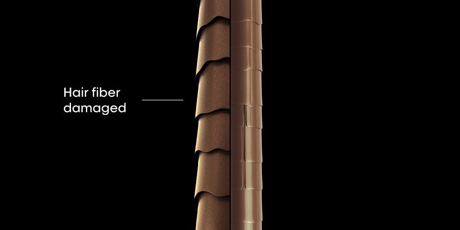 Before and after comparison of hair fiber, showing damaged, rough strands versus resurfaced, smoother hair after using the right care for damaged hair.