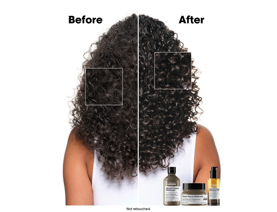 Before and after focusing on curl definition and shine, highlighting the results of a dedicated long hair care routine for bright curls.