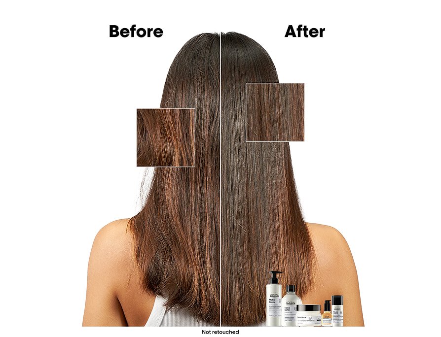 Before and after focusing on damaged long brown hair, highlighting the results of a dedicated long hair care routine for healthier lengths.