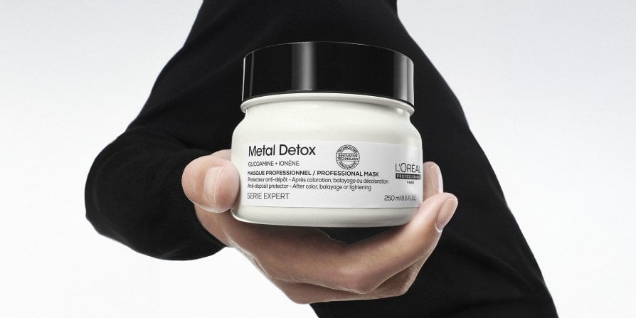 Packshot of L’Oréal Professionnel Metal Detox hair mask, illustrating the ultimate repair routine for dry or damaged hair needing strength and shine.
