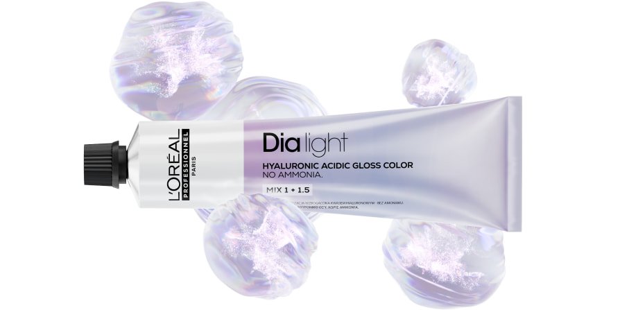 Dialight packshot highlighting hyaluronic acid as a key ingredient to help prevent hair dryness, boost hydration, and improve softness and shine.