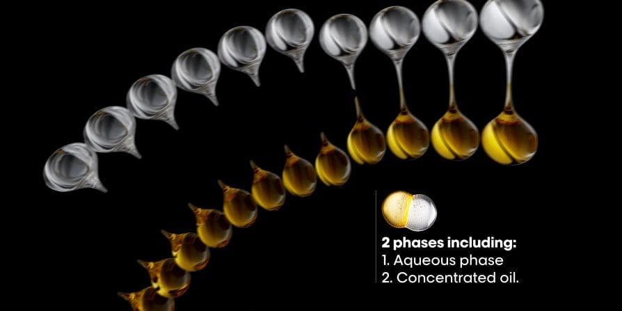 Bi-phase texture showing the aqueous phase and concentrated oil of Absolut Repair Molecular bi-phase oil, designed to repair and protect damaged hair.