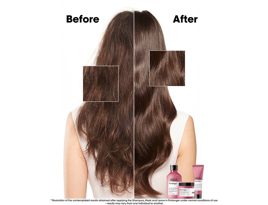 Before and after focusing on split ends of long brown hair, highlighting the results of a dedicated long hair care routine for healthier lengths.