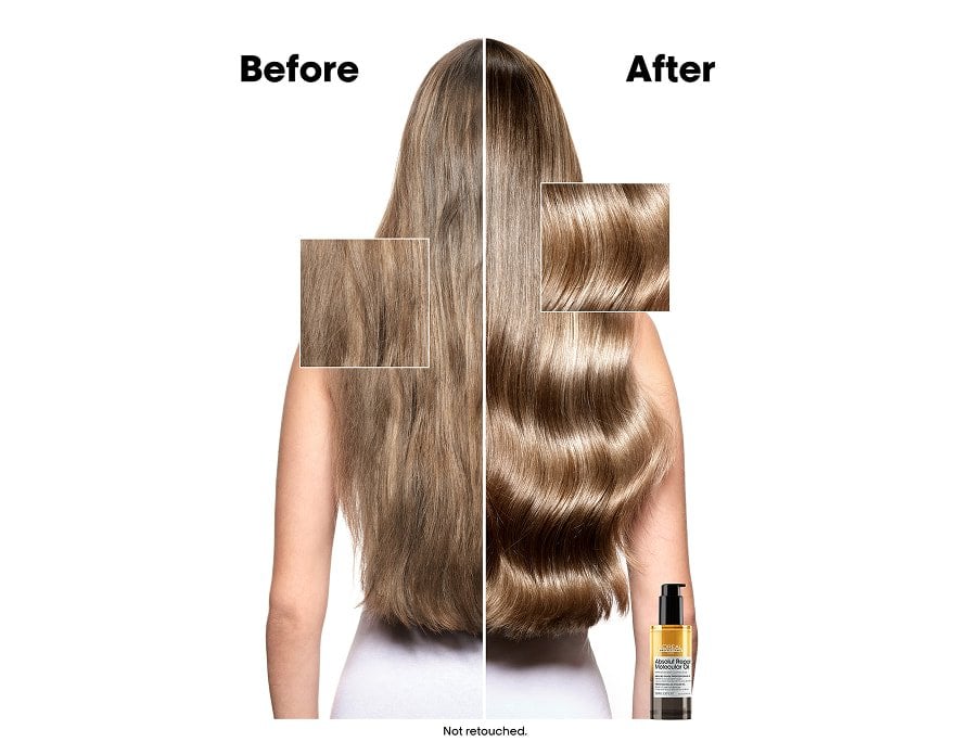 Before and after of long blonde hair using molecular bi-phase hair care, showing protected lengths and reduced split ends with smoother shine.