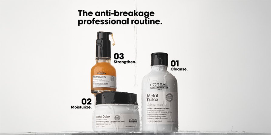 Anti-breakage professional hair care routine by L’Oréal featuring the Metal Detox range with shampoo, mask, and serum for stronger hair.