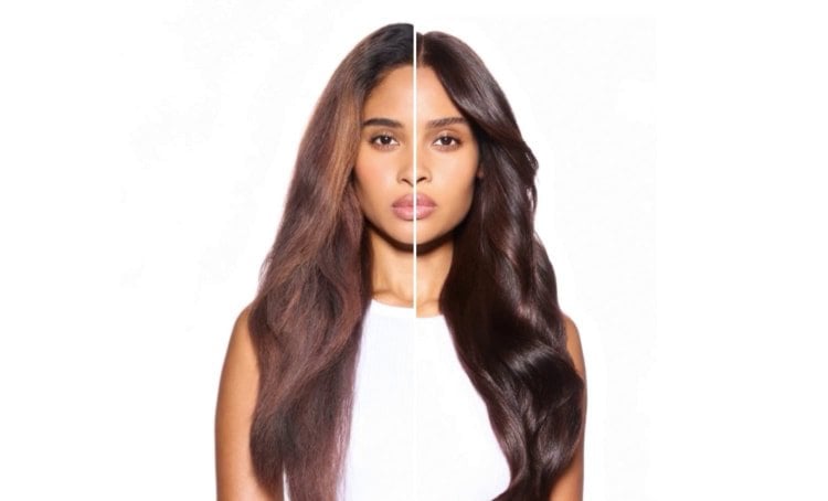 Modelo mostrando o antes e depois de tratamentos de brilho L'Oréal Professionnel.